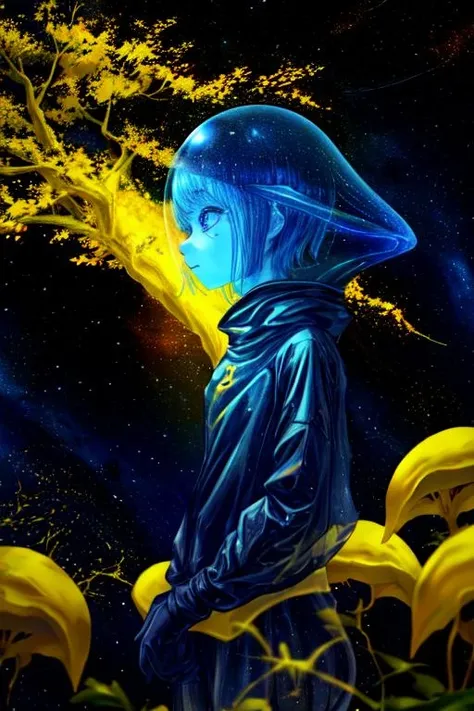 deep space, yellow trees, alien girl,