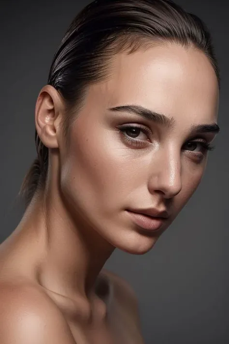 (close-up:1.0) portrait of (young:1.0) sks woman, (oiled shiny skin:1.0), (tilted-head:1.1), (tilted-angle:1.1), undercut hair,
(8k uhd:1.0), (best quality:1.0), (masterpiece:1.0), (sharp focus:1.0), (simple-grey-backdrop:1.1),
<lora:CR-Gal-Gadot-small-v1-malcolmrey:0.7>