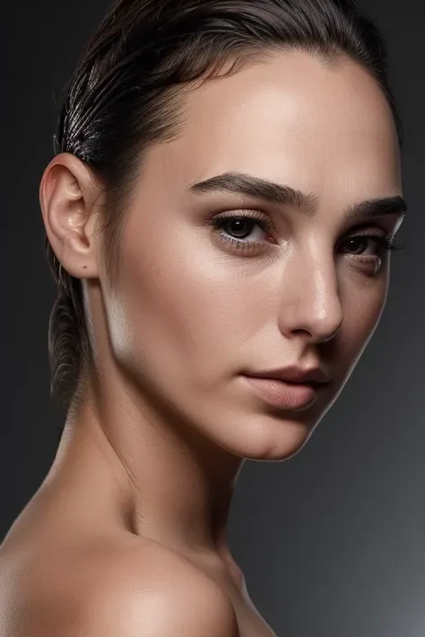 (close-up:1.0) portrait of (young:1.0) sks woman, (oiled shiny skin:1.0), (tilted-head:1.0), (tilted-angle:1.0), undercut hair,
(8k uhd:1.0), (best quality:1.0), (masterpiece:1.0), (sharp focus:1.0), (simple-grey-backdrop:1.0),
<lora:CR-Gal-Gadot-small-v1-malcolmrey:0.8>