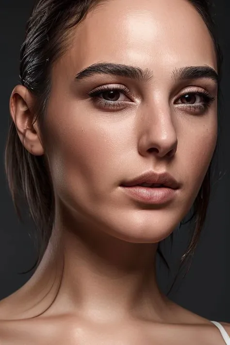 (close-up:1.0) portrait of (young:1.0) sks woman, (oiled shiny skin:1.0), (tilted-head:1.0), (tilted-angle:1.0), undercut hair,
(8k uhd:1.0), (best quality:1.0), (masterpiece:1.0), (sharp focus:1.0), (simple-grey-backdrop:1.0),
<lora:CR-Gal-Gadot-small-v1-malcolmrey:0.75>