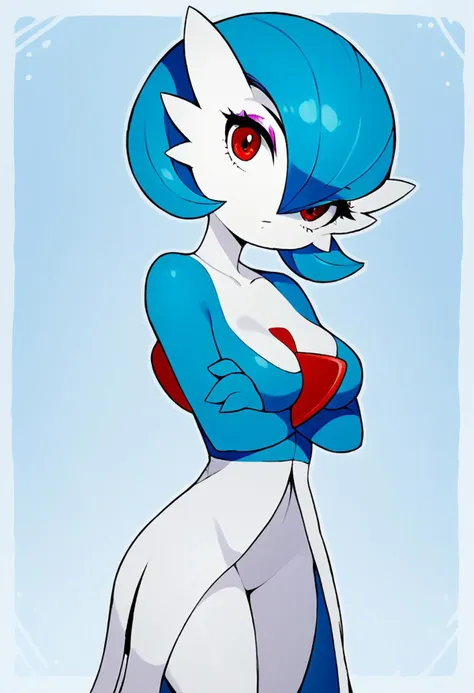 score_9, score_7_up, 
solo, 1girl, gardevoir, pokémon \(creature\), anthro, blue hair, red eyes, cute, medium breasts, 
eyeshadow, eyelashes, 
looking at viewer, arms crossed, 
cowboy shot, 
Expressiveh,