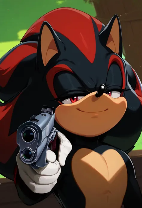 score_9, score_8_up, score_7_up, depth of field, ambient occlusion, bokeh, cel shading, black illustration lines, cinematic lighting, Expressiveh, furry, white gloves, Sonic the Hedgehog, Shadow the hedgehog, squinting eyes, happy, soft smile, head tilt, mouth closed, standing, holding weapon, handgun, holding gun, aiming at viewer, revolver, finger on trigger