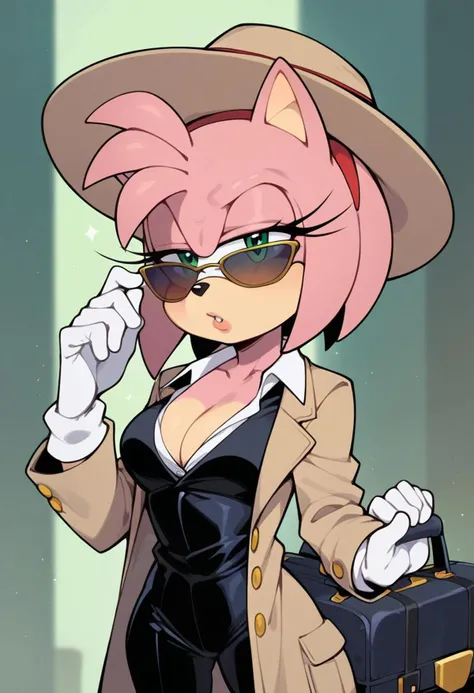 score_9, score_8_up, score_7_up, depth of field, ambient occlusion, bokeh, cel shading, black illustration lines, cinematic lighting, Expressiveh, furry, source: Sonic the Hedgehog, Amy Rose, solo, black suit, tan trench coat, sunglasses, tan fedora, cleavage, briefcase, serious expression, private eye, detective,