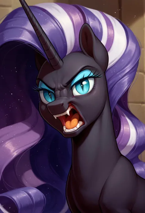 score_9, score_8_up, score_7_up, detailed, 
solo, 1girl, nightmare rarity, feral, my little pony, extra long silky hair, cute, 
eyeshadow, angry eyes, eyelashes,
Side to viewer, furious, angry, screaming at viewer, presenting,
Cowboy shot, from front, 
Expressiveh