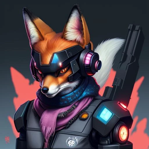 there is a fox with a scarf around its neck , fox design, fox detailed, (cyberpunk pet robot!!) , japanese illustration, line art illustrationn.