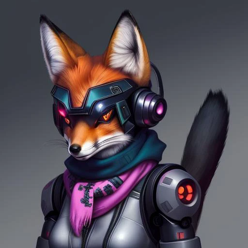 there is a fox with a scarf around its neck , fox design, fox detailed, (cyberpunk pet robot!!) , japanese illustration, line art illustrationn.