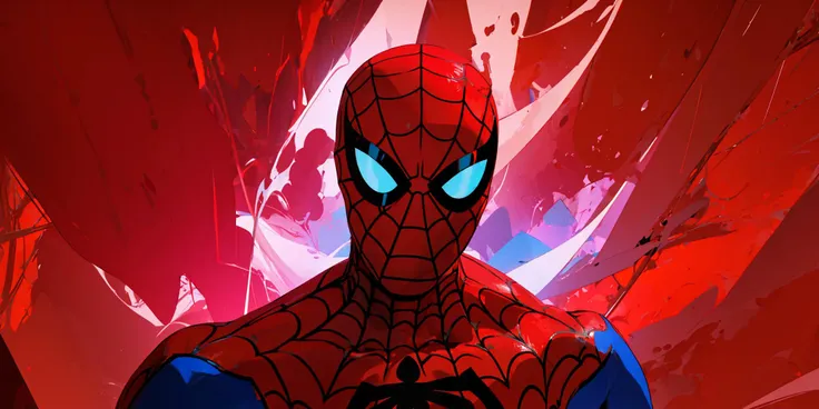 masterpiece, best quality, zhizhuxia, 1boy, male focus, solo, mask, red theme, looking at viewer, bodysuit, upper body, superhero, a spider man looking at red fire in the background, in the style of anime aesthetic, neon realism, luminous shadows, gutai group, tangled nests, close up, high-angle