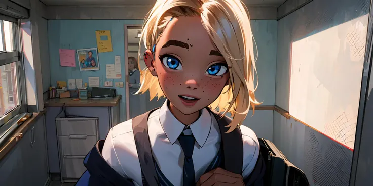 masterpiece, best quality, zhizhuxia, blonde hair, eyebrow piercing, blue eyes, school uniform, freckles, short hair, looking at viewer, necktie, piercing, smile, asymmetrical hair, skirt, bag, indoors, shirt, jacket, school, parted lips, open mouth, white shirt, collared shirt,