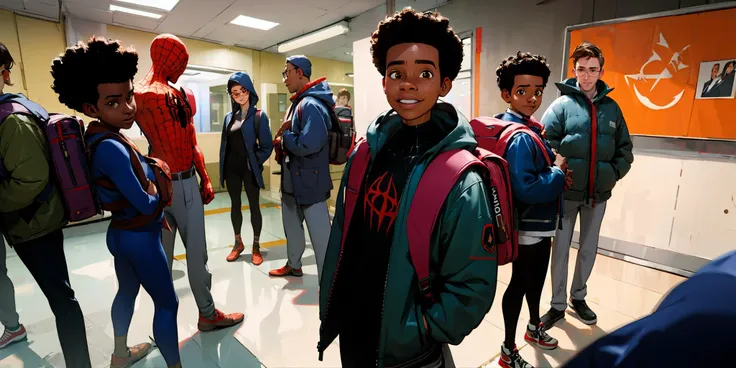 masterpiece, best quality, zhizhuxia, multiple boys, glasses, mask, 6+boys, multiple girls, jacket, dark skin, looking at viewer, black hair, brown hair, bodysuit, hood, brown eyes, backpack, smile, realistic