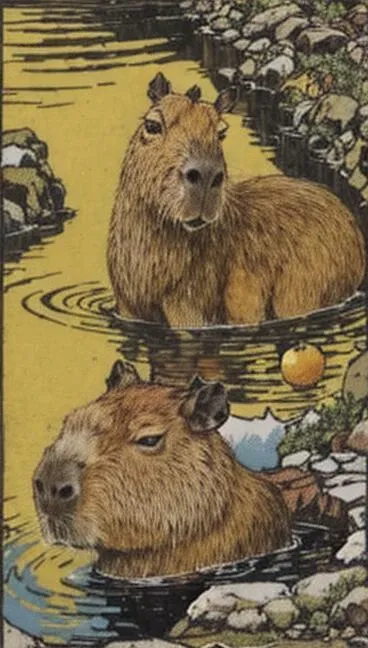 the fool, capybara with an orange on it's head, sitting in a pond