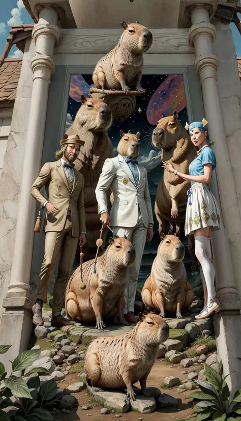 tarot card of capybara in the fool costume in style of ryder-white, card frame, center figure, center frame, capybara head, stick in left hand, the fool card, (tarot:1.5), capybara, wanderer, animal, masterpiece, sky in background, painting,