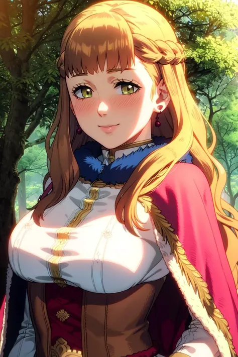 ultra realistic 8k cg, masterpiece, ((ultra detailed background, delicate pattern, intricate detail)), (highly detailed, fine details), best quality, (photorealistic:1.4),beautiful lighting, absurdres, RAW photo, film grain, ((medium breasts, slim girl, close-up, portrait)), (complex detailed background, outside, nature environment, trees, sunny, blue sky, sky, cowboy shot), Mimosa, 1girl, solo, green eyes, long hair, brown hair, smile, jewelry, earrings, ((slim girl, medium breasts)), blush, braid, blunt bangs, cape, fur trim, <lora:Mimosa:0.7>