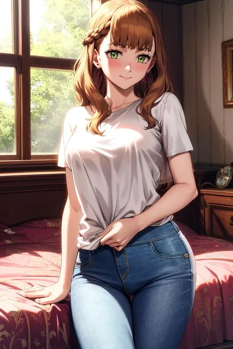 ultra realistic 8k cg, masterpiece, ((ultra detailed background, delicate pattern, intricate detail)), (highly detailed, fine details), best quality, (photorealistic:1.4),beautiful lighting, absurdres, RAW photo, film grain, ((medium breasts, slim girl, cowboy shot)), ((complex detailed background, inside, bedroom, bed, tasteful interior design, window)), Mimosa, 1girl, solo, green eyes, long hair, brown hair, smile, jewelry, earrings, (white T-shirt, simple T-shirt, jeans), ((slim girl, medium breasts)), blush, braid, blunt bangs, cape, <lora:Mimosa:0.7>
