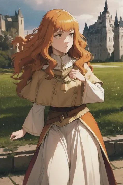 masterpiece, best quality, ultra-detailed,highres, detailed face,
<lora:Mimosa:0.7>, mimosa vermillion, orange hair, long hair, mage dress, golden cape, white sleeves, white skirt,
outdoors, castle, stone floor, building, medieval,
,sunlight,