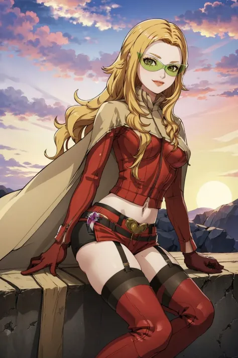 masterpiece, best quality, smile, 1girl, solo, looking at viewer, <lora:Nozomi_Fp:1>, nozomismt, cape, midriff, tinted eyewear, black thighhighs, boots, gloves <lora:FE-ENGAGE S Rank_Fp:1>, sky, cloud, sunset, ring, wedding ring, jewelry