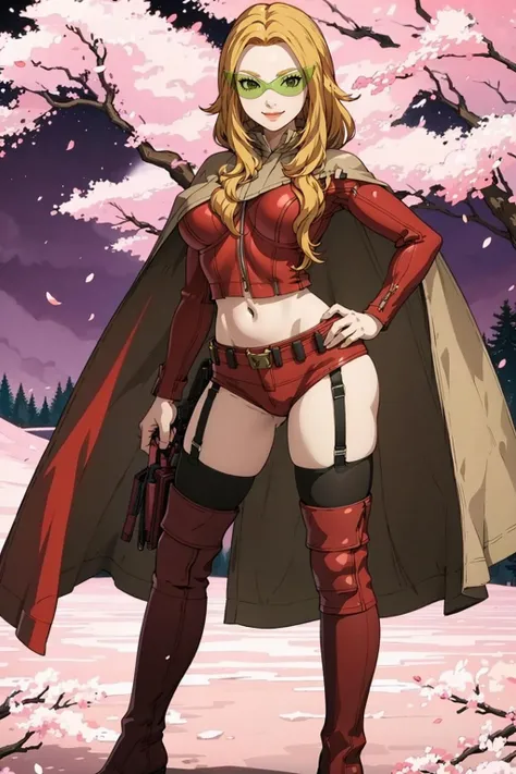 masterpiece, best quality, smile, 1girl, solo, looking at viewer, <lora:Nozomi_Fp:1>, nozomismt, cape, midriff, tinted eyewear, black thighhighs, boots, standing, hands on hips, night, forest, cherry blossoms,