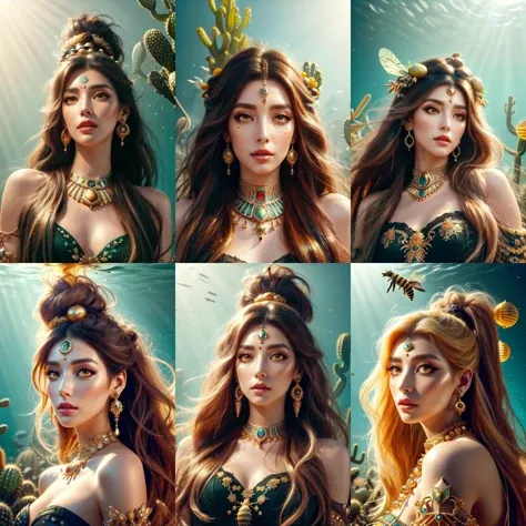 (otherworldly, otherworldly atmosphere, otherworldly appearance), highly insanely detailed, masterpiece, top quality, best quality, highres, 4k, 8k, RAW photo, collar, earrings, jewelry, necklace, armlet, 
(long_hair, long hair, random colors cloth, random colors hair, random long hair, dynamic hair, glowing hair, hair over one eye), 
(eyelashes, eyeliner, eyeshadow, eyelashes), 
pink lipstick, 
makeup, 
((ancient egyptian theme)), golden ornaments, 
1girl, (portrait:0.4), nsfw, 
((desert, Mexico, cacti, underwater)), 
a grove of mechanical trees swaying to the rhythm of coded breezes, (tranquil:0.6), (serene:0.5), 
long messy hair, 
1girl, (from below), 
<lora:honey-bee-style-darquelilly-v1:1> honeybeestyle, honeycomb, (fantasy world)