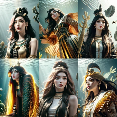 (otherworldly, otherworldly atmosphere, otherworldly appearance), highly insanely detailed, masterpiece, top quality, best quality, highres, 4k, 8k, RAW photo, collar, earrings, jewelry, necklace, armlet,
(long_hair, long hair, random colors cloth, random colors hair, random long hair, dynamic hair, glowing hair, hair over one eye),
(eyelashes, eyeliner, eyeshadow, eyelashes),
pink lipstick,
makeup,
((ancient egyptian theme)), golden ornaments,
1girl, (portrait:0.4), nsfw,
((desert, Mexico, cacti, underwater)),
a grove of mechanical trees swaying to the rhythm of coded breezes, (tranquil:0.6), (serene:0.5),
long messy hair,
1girl, (from below),
<lora:honey-bee-style-darquelilly-v1:1> honeybeestyle, honeycomb, (fantasy world)