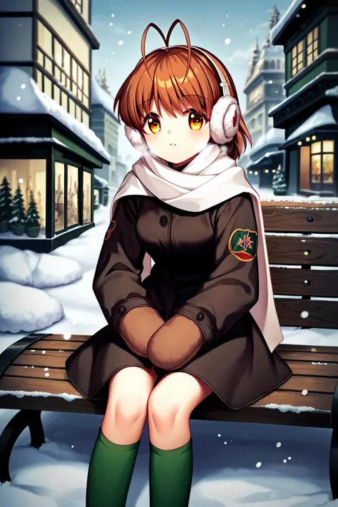 score_9, score_8_up, score_7_up, score_6_up, rating_safe, source_anime, best quality, masterpiece, detailed background, detailed eyes, city, snow, sitting on bench, black winter coat, dark green socks, white scarf, white ear muffs, brown mittens, visible breath, cowboy shot, <lora:furukawa-nagisa-xl-05:1>, furukawa nagisa, double ahoge, medium breasts, parted lips, round mouth,