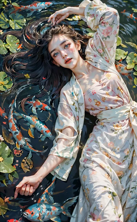 <lora:H_Song_HanFu:0.6> , <lora:A_floating_on_water:0.8> , Floating on water, Song_HanFu, ((best quality)), ((masterpiece)), ((realistic)), ((girl lying on back, floating on water with koi fish, colorful fish)),
In a picturesque scene of tranquility, a 22-year-old girl with small breasts gracefully floats on the water's surface. Adorned in a hanfu traditional dress intricately adorned with flower patterns, she embodies an elegant beauty. Her flowing hair, radiating a gentle glow, dances freely in the surrounding breeze. The water beneath her is meticulously detailed, capturing every ripple and reflection. Golden, red, black, and white koi fish gracefully swim alongside her, their vibrant colors adding a captivating vibrancy to the serene atmosphere. Water lilies and delicate pink flowers dot the scene, their petals being gently blown by the wind, creating a whimsical display. The soft-sided light accentuates the girl's face, revealing her stunning features amidst the gorgeous Tyndall Effect. The light background enhances the cinematic quality of the composition, enveloping the entire scene in vibrant colors. This artful fusion of elements creates a truly cinematic and visually breathtaking masterpiece, where the girl and the fish coexist in a moment of harmony and beauty. (Haircut model by Asymmetrical haircut, sharp blue),