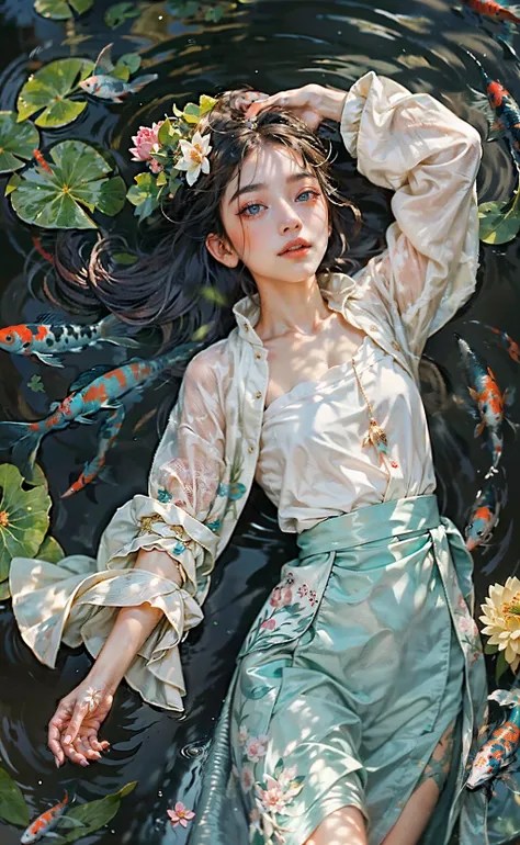 <lora:H_Song_HanFu:0.6> , <lora:A_floating_on_water:0.8> , Floating on water, Song_HanFu, ((best quality)), ((masterpiece)), ((realistic)), ((girl lying on back, floating on water with koi fish, colorful fish)),
In a picturesque scene of tranquility, a 22-year-old girl with small breasts gracefully floats on the water's surface. Adorned in a hanfu traditional dress intricately adorned with flower patterns, she embodies an elegant beauty. Her flowing hair, radiating a gentle glow, dances freely in the surrounding breeze. The water beneath her is meticulously detailed, capturing every ripple and reflection. Golden, red, black, and white koi fish gracefully swim alongside her, their vibrant colors adding a captivating vibrancy to the serene atmosphere. Water lilies and delicate pink flowers dot the scene, their petals being gently blown by the wind, creating a whimsical display. The soft-sided light accentuates the girl's face, revealing her stunning features amidst the gorgeous Tyndall Effect. The light background enhances the cinematic quality of the composition, enveloping the entire scene in vibrant colors. This artful fusion of elements creates a truly cinematic and visually breathtaking masterpiece, where the girl and the fish coexist in a moment of harmony and beauty. (Haircut model by Bob, sharp teal),