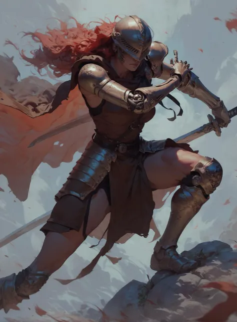 score_9, score_8_up, score_7_up, score_6_up, 1girl, MaleniaDef, long hair, red hair, armor, cape, helmet, brown dress, covered eyes, prothestic leg, single mechanical arm, prosthesis, holding a sword, fighting stance,  <lora:Concept Art Twilight Style SDXL_LoRA_Pony Diffusion V6 XL:0.8>    <lora:MaleniaXLV2:0.8>