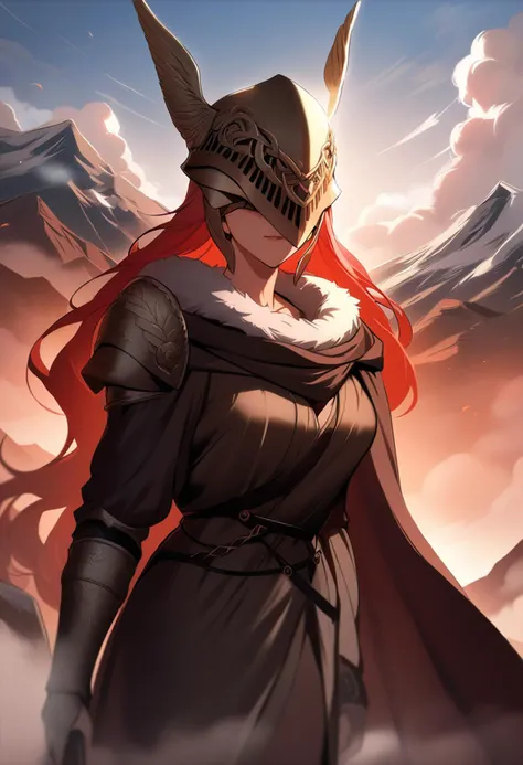 score_9, score_8_up, score_7_up, score_6_up, score_5_up, score_4_up, (source_anime),  <lora:[GP] somethingweirdv1 [Pony XL]:1.0>
1girl, huge breasts, very long hair,  red hair,   <lora:MaleniaXLV2:1.0> MaleniaDef, armor, cape, helmet, brown dress, covered eyes,