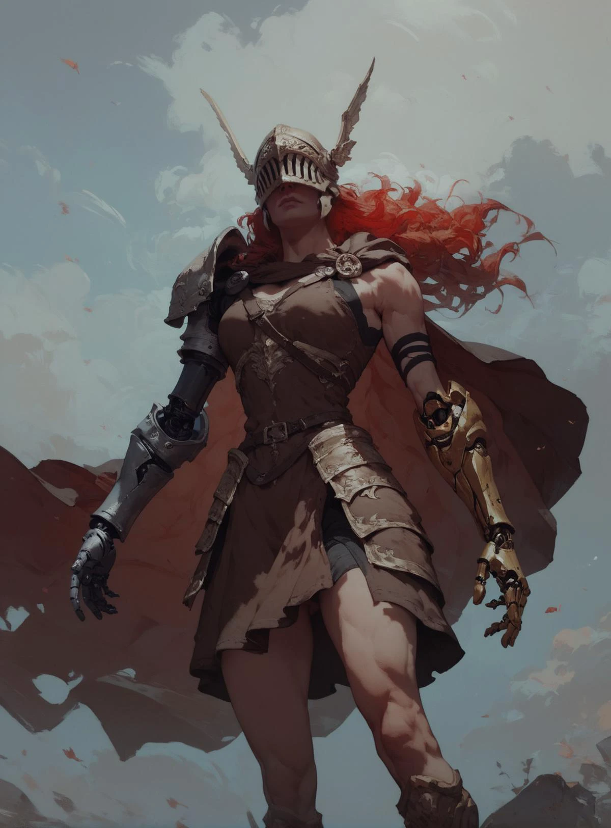 score_9, score_8_up, score_7_up, score_6_up, 1girl, MaleniaDef, long hair, red hair, armor, cape, helmet, brown dress, covered eyes, prothestic leg, single mechanical arm, prosthesis, <lora:Concept Art Twilight Style SDXL_LoRA_Pony Diffusion V6 XL:0.8> <lora:MaleniaXLV2:0.8>