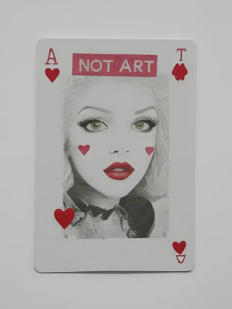 Papercut collage of text ("not-art":1.5), playing card, so77 style punk face, red lips, green eyes, pink hair, (queen of hearts:1.2), <lora:so77-XL:1> , smooth finish, flat color, white background . Mixed media, textured paper, overlapping, asymmetrical, abstract, vibrant