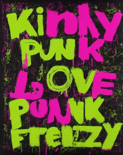text: ("KINKY PUNK, LOVE FRENZY"). Iconic, jamie reid style typography, contemporary, pop art, shocking pink, lime green, anarchy, black, <lora:so77-XL:0.2>