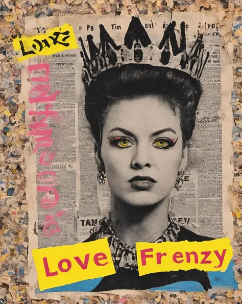 (white paper background), bold text "PuNk, LovE, fReNzY, kInKy, QueEn". <lora:JamieReidStyle-000010:0.7>, face torn from newspaper article, jamie reid style, iconic, typography, contemporary collage, yellow eyes, (shocking pink, candy blue, acid yellow), fragmented, protest art