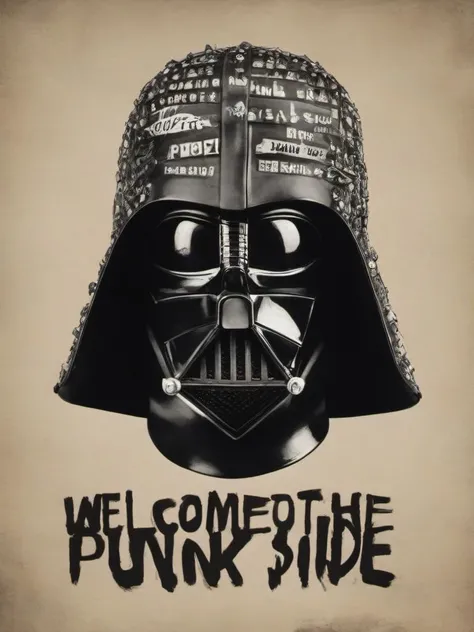 darth vader punk, studded helmet, jamie reid style, newsprint, sharp focus, concept art, text says ("welcome,, (to the),, punk side"), <lora:so77-XL-000008:0.5>