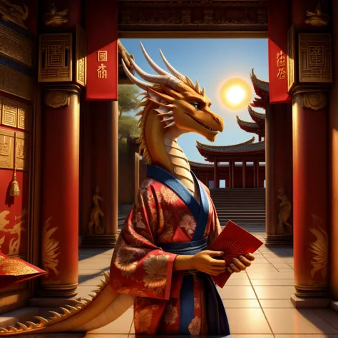 gold eastern dragon, wearing kimono, (holding red envelope:1.2), tangerine, temple, realistic, sun, (detailed background)