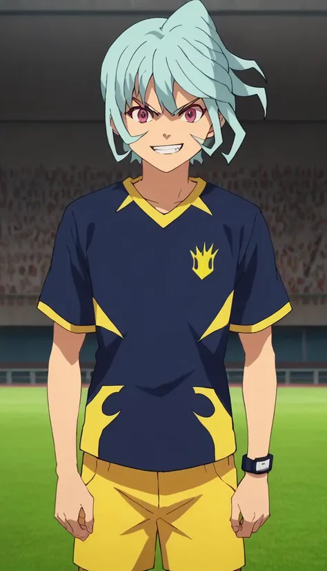 score_9, score_8_up, score_7_up, score_6_up, score_5_up, score_4_up, source_anime, simple background, pose, evil grin, soccer uniform, anime screencap, <lora:Anime_Screencap:1>, 1boy, lucy fanos, aqua hair, pink eyes, <lora:Luci_Fanos:0.8>