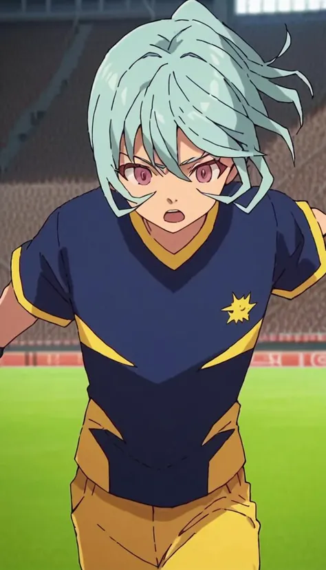 score_9, score_8_up, score_7_up, score_6_up, score_5_up, score_4_up, source_anime, simple background, stadium, 1boy, lucy fanos, aqua hair, pink eyes, blue shirt, yellow shorts, open mouth, from side, running, standing on one leg, <lora:Luci_Fanos:0.8>