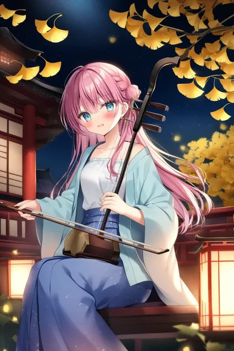 shikitani_asuka,ray tracing,1girl,solo,pink hair, blue eyes, french braid,hair stick, long hair ,sweater,open clothes,blue hanfu,gauze,blush,starry sky print,blue eyes,spaghetti strap,east asian architecture, wall, table, fireflies, pyrefly,night,ginkgo leaf,erhu, sitting, wooden chair,sitting,erhu, playing instrument, <lora:erhuV4:1>