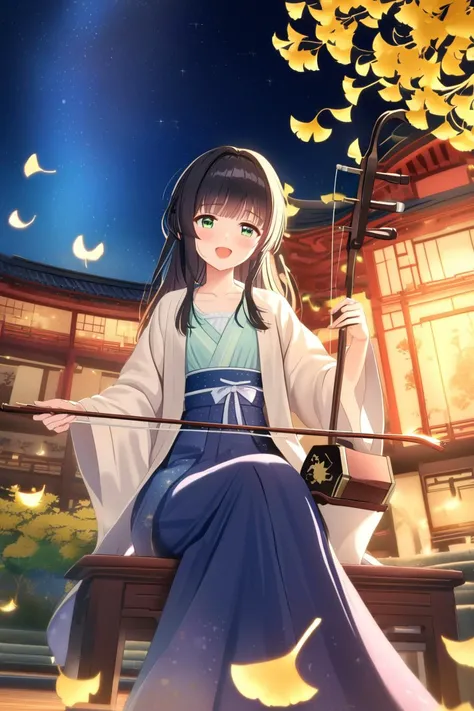 blue archive style,ray tracing,1girl,solo,open mouth,(long hair:1.2),french braid,sidelocks,short braid,four-leaf clover,green eyes,small breasts,black hair,bowtie,tress ribbon,hair bow,sweater,open clothes,hanfu,blush,starry sky print,blue eyes,spaghetti strap,east asian architecture, wall, table, fireflies, pyrefly,night,ginkgo leaf,erhu, sitting, wooden chair,crossed legs,dutch angle, erhu, <lora:erhuV4:1>,