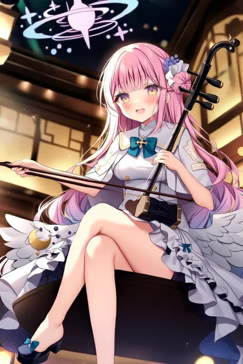 blue archive style,shikitani_asuka,ray tracing,1girl,mika \(blue archive\), sitting,crossed legs,playing instrument, erhu <lora:erhuV4:1>