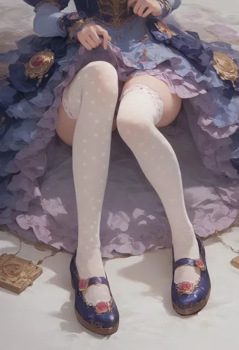 score_9, score_8_up, score_7_up,source_anime, high res image,masterpiece,best quality,woman,cute face,clear skin,shiny hair,ultra detailed eyes,simple background, jyojifuku, polka dot thighhighs,dress,foot