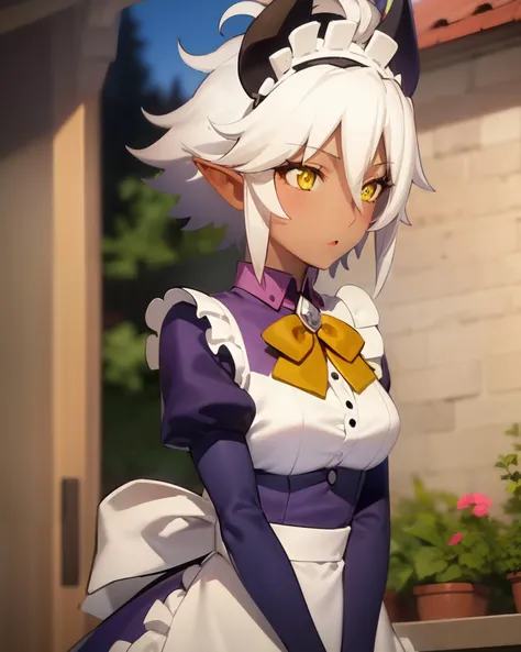 <lyco:Zest-NAI-LyCORIS:0.8>
zste, 1girl, solo, maid, brooch, zhorns, maid headdress, dress, purple dress, maid apron, closed mouth, juliet sleeves, puffy sleeves, bowtie, outdoors, white apron, yellow bow, standing