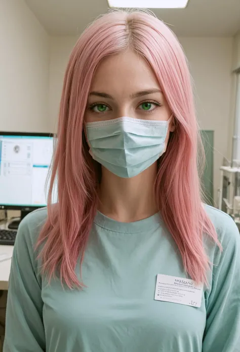 score_9, score_8_up, score_7_up, score_6_up, BREAK , source_real, raw, photo, realistic BREAK solo, looking at viewer, long sleeves, 1girl, in the hospital, holding, green eyes, upper body, pink hair, green hair, indoors, mask, mouth mask, computer, monitor, surgical mask, intravenous drip