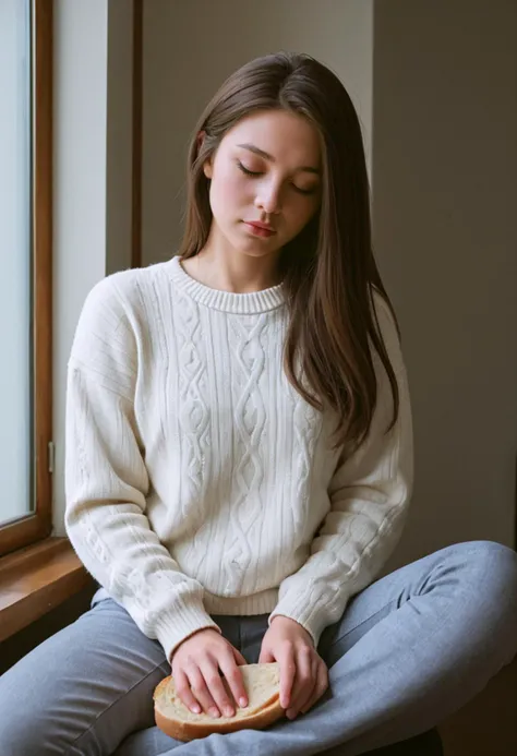 score_9, score_8_up, score_7_up, score_6_up, BREAK , source_real, raw, photo, realistic BREAK 1girl,brown hair,closed eyes,curtains,day,White sweater,Sitting posture,Holding bread slices in hand,Girl's posture,dove,flower,lips,long hair,sitting,solo,window