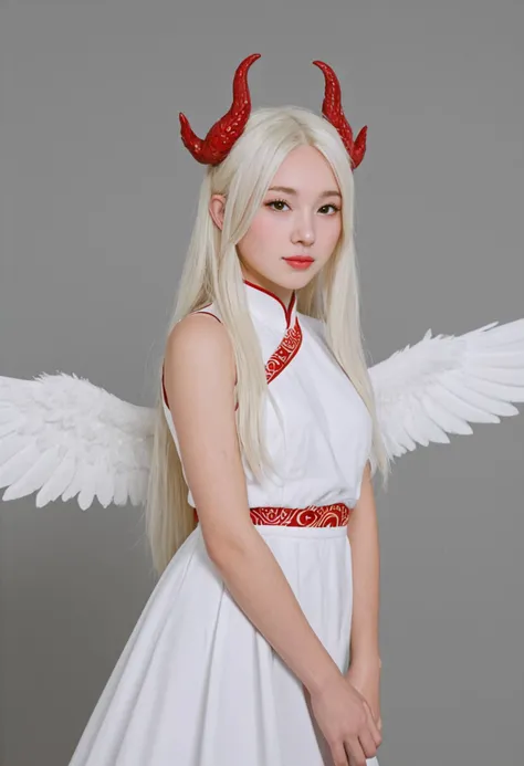 score_9,score_8_up,score_7_up,source_photo,realistic,8k,hd,1girl,solo,Chinese clothes,holding sword,gold feathered wings,dark red and light gold,hair pulled back,floating hair,dragon horns,white hair,long hair,pointy ears,