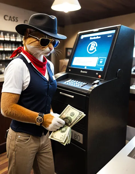 <lora:Check_Military:0.5> macro, detailed, realism, style, photograph , <lora:detailed:0.75> detailed style whimsical, humorous, anthropomorphic, cat in sunglasses, bandana, fedora, holding toy gun, bank interior, teller counter, cash register, money scattered, funny, playful, high quality, detailed, colorful, bright lighting