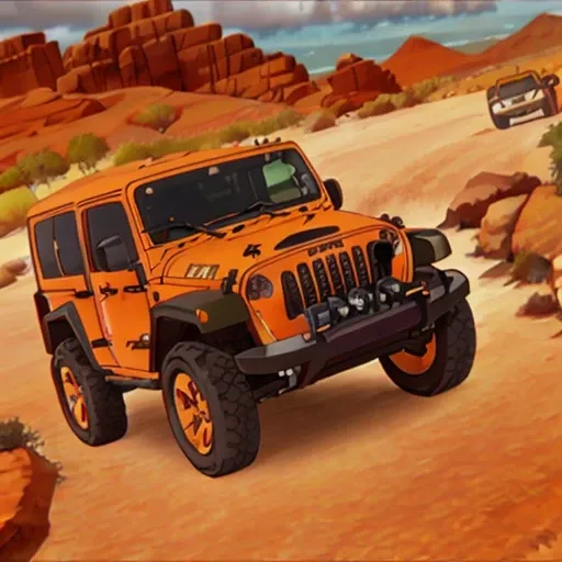 an orange jeep <lora:supercrooks:1>