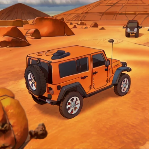 an orange jeep <lora:supercrooks:1>