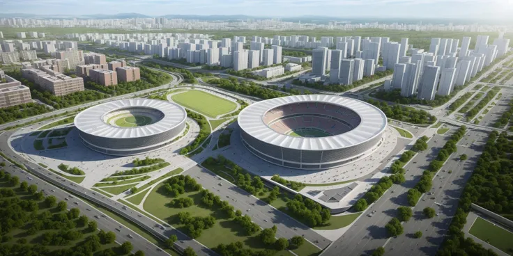Sufficient details, best quality, masterpiece, high-resolution, 8k, high-definition, ultra realistic, photo realistic, highly detailed, sports hall, bird's-eye view, residential buildings, buildings, urban roads, daytime, sunlight, rich plants, water <lora:Gymnasium-000020:0.4>