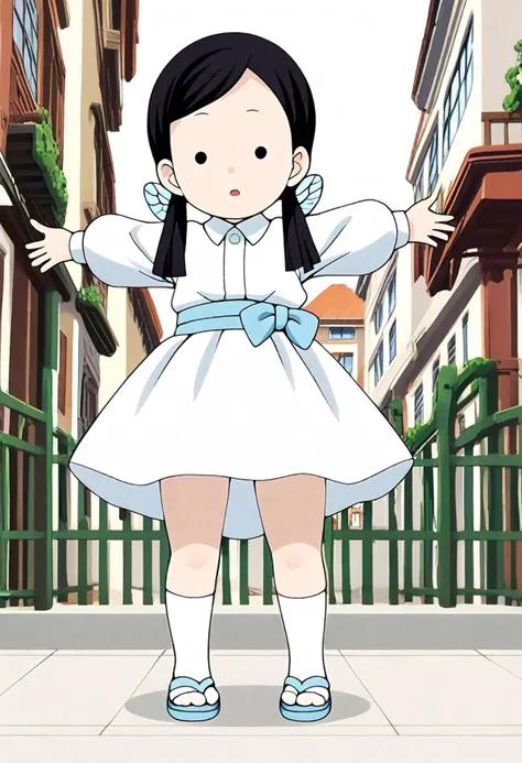 <lora:Hyper-SDXL-8steps-lora:1><lora:Fixhands_anime_bdsqlsz_V1:1> zPDXL2, score_9, score_8_up, score_7_up, source_anime, intricate details, perfect anatomy BREAK
1girl, solo, chibi, (ds-nakaharasumi, blue hair ribbon, blue butterfly hair ornament, low twintails:1.3), black hair, black eyes, collared shirt, white dress, blue obi, white skirt, white socks, blue sandal,
from below, outstretched arms, Sleepy, Drooping eyelids, half-closed eyes, and a slightly dazed expression.,
outdoors, city, tokyo, japan,
<lora:ds-butterfly_mansion_girls_XL(pony)v10:1>