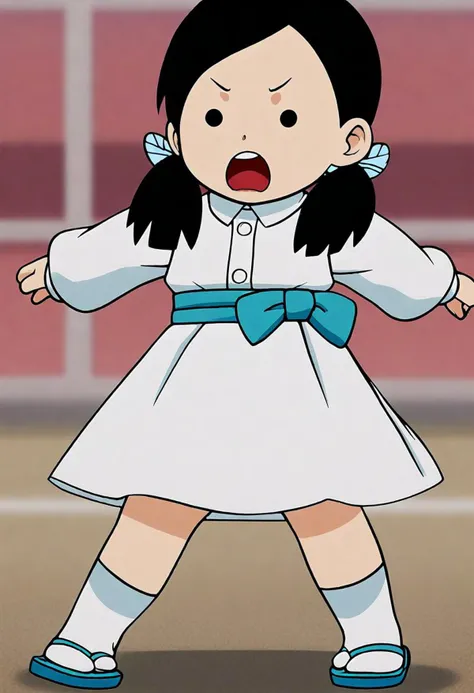 <lora:Hyper-SDXL-8steps-lora:1><lora:Fixhands_anime_bdsqlsz_V1:1> zPDXL2, score_9, score_8_up, score_7_up, source_anime, intricate details, perfect anatomy BREAK
1girl, solo, chibi, (ds-nakaharasumi, blue hair ribbon, blue butterfly hair ornament, low twintails:1.3), black hair, black eyes, collared shirt, white dress, blue obi, white skirt, white socks, blue sandal,
from below, fighting stance, Fearful, Wide-open eyes, a furrowed brow, and a slightly open mouth.,
outdoors, city, tokyo, japan,
<lora:ds-butterfly_mansion_girls_XL(pony)v10:1>