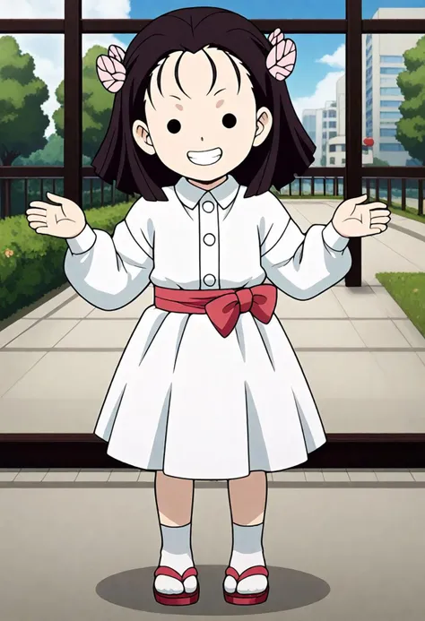 <lora:Hyper-SDXL-8steps-lora:1><lora:Fixhands_anime_bdsqlsz_V1:1> zPDXL2, score_9, score_8_up, score_7_up, source_anime, intricate details, perfect anatomy BREAK
1girl, solo, chibi, (ds-terauchikiyo, pink hair ribbon, pink butterfly hair ornament, medium hair:1.3), black hair, black eyes, collared shirt, white dress, pink obi, white skirt, white socks, sandal,
pantyshot, hands up, Naughty, A mischievous grin, a wink, and a playful attitude.,
outdoors, city, tokyo, japan,
<lora:ds-butterfly_mansion_girls_XL(pony)v10:1>